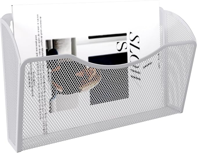 EasyPAG Wall File Organizer, Metal Mesh Hanging File Folder Holder for Letter/A4 Size Folders, Vertical Wall Mount Mail Sorter for Office Paperwork, Classroom, White