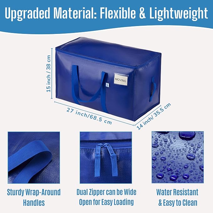 VENO 2 Pack Heavy Duty Moving Bags, 90L Extra Large Moving Boxes Alternative, 50lbs Load,Wraparound Handles,Zippers & Tag,Packing Supplies for College Dorm Essentials, Clothes Storage(Blue)