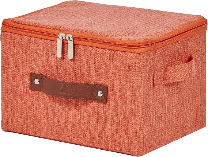 Storage Bins with Zipper Lid Cotton Linen Fabric Lidded Storage Baskets Boxes Foldable Washable Closet Shelf Clothes Organizer Container with PU Leather Handles (Orange, Small)
