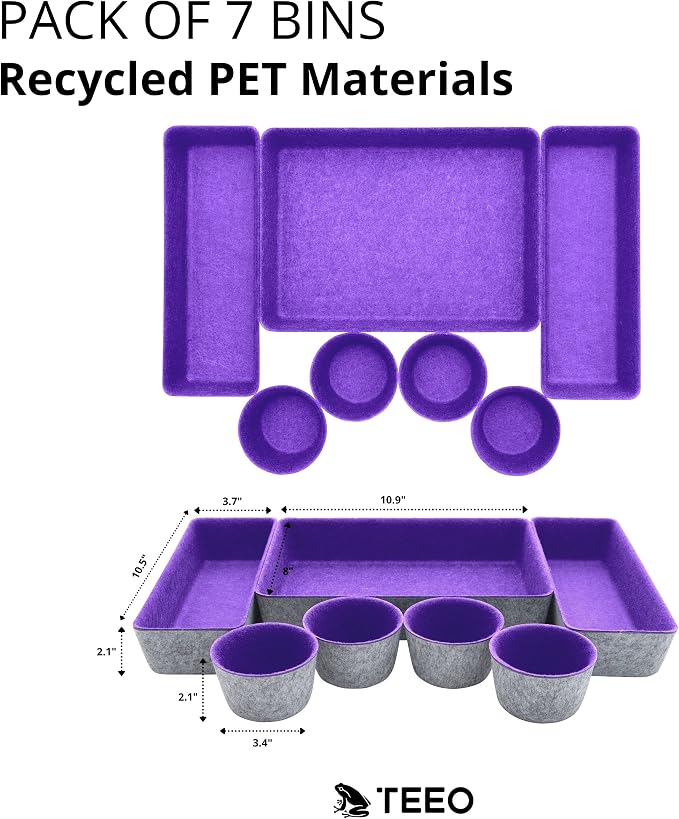 Teeo - Drawer Organizer Tray - Bathroom Drawer Storage - Purple Office Supplies Desk Accessories - Drawer Makeup Organizer - Home Office Cosmetic Bins Dividers Box Compartment - Pack of 7, Purple