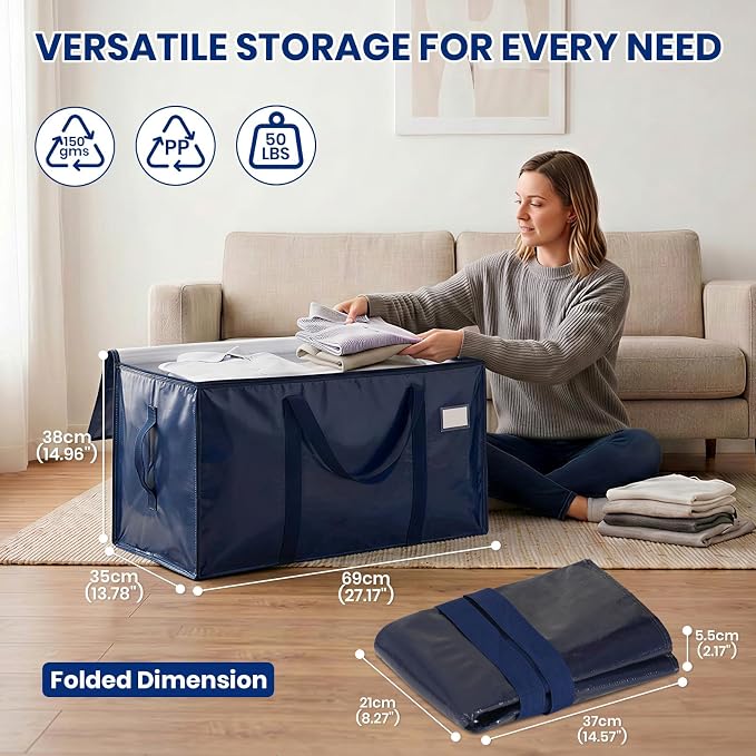 Velway Pack of 2 95L Storage Bags, Heavy-Duty Christmas Warehouse, Blue, Moving Boxes, Large, Foldable with Zip Handle, Waterproof Storage Bag for Moving Bedding, Clothing, Storage