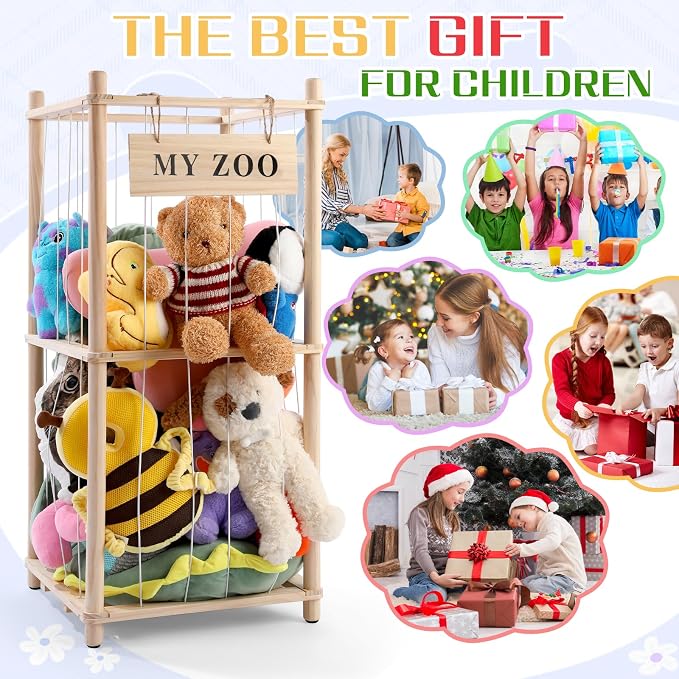 GLDZI Stuffed Animal Storage Zoo, Wooden Stuffed Animal Organizer with Elastic Cords for Boys Girls, Space Saving Toy Plushies Storage Holder for Playroom, Bedroom, Living Room (Burlywood, Small)