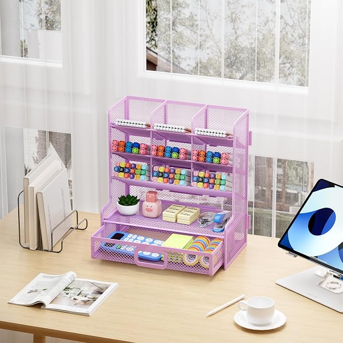 Marbrasse Larger Mesh Desk Organizer with Drawer, Multi-Functional Pen Pencil Holder, Easy Assembly, Desk Organizers and Accessories for Office Art Supplies (Purple)