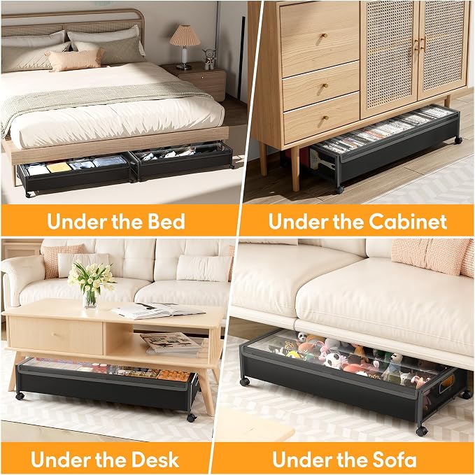 Under Bed Storage with Wheels，4 Pack Under Bed Storage Containers,Underbed Shoe Storage Bedroom Large Capacity Under Bed Storage with Lid for Clothes Shoes Toys Blankets