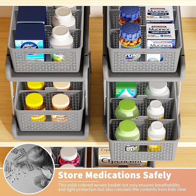RIKOJUXI Bathroom Organizer with Dividers, 2Pcs 2 Tier Stackable Under Sink Organizers and Storage Cabinet Organizers for Bathroom Kitchen Pantry Organization and Storage, Medicine Cabinet Organizer
