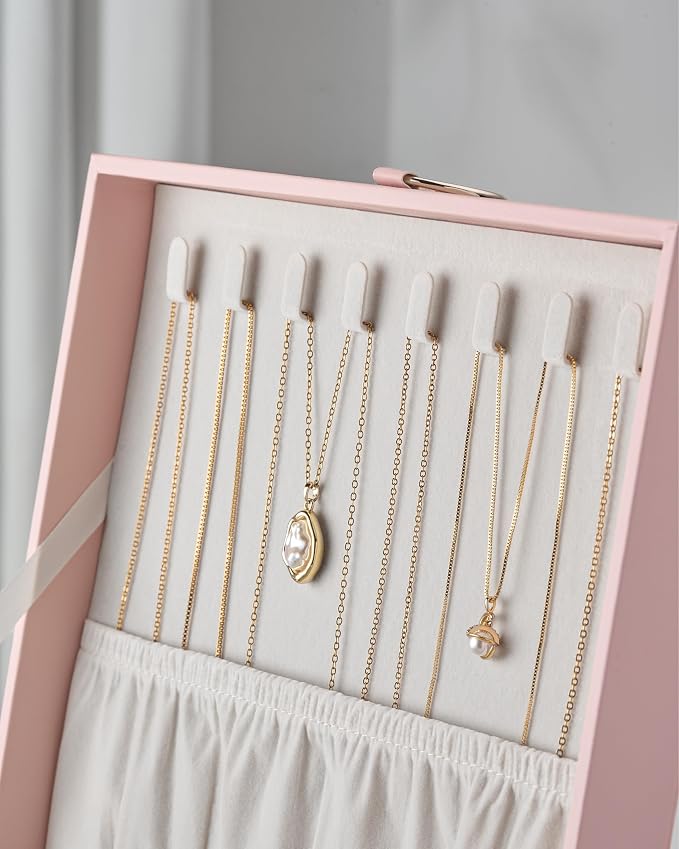 pickpiff 2 Layer Jewelry Box Organizer for Women, Jewelry Organizer with Handle & Removable Tray, Necklace Holder Ring Earring Storage, Velvet Lined Jewelry Case for Home or Travel, Gift Ready, Pink