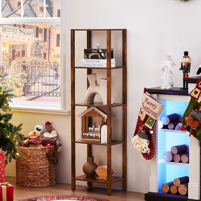 YUFAM 54in Tall Bookshelf 5-Tier Small Narrow Bookcase, Skinny Book Shelf for Small Space, Farmhouse Slim Shelf with Storage, Wood Freestanding Display Thin Bookshelves for Living Room, Office, Brown