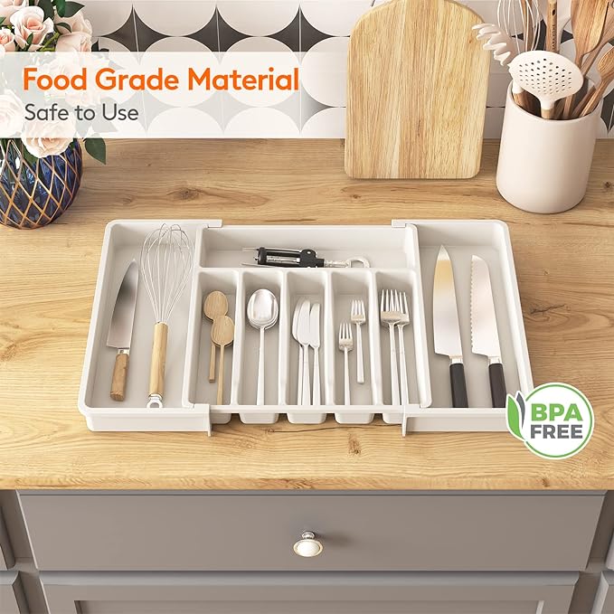 Lifewit Extra Large Silverware Drawer Organizer, Expandable Utensil Tray for Kitchen, BPA Free Flatware and Cutlery Holder, Adjustable Plastic Storage for Spoons Forks Knives, 13-22 x 15, White