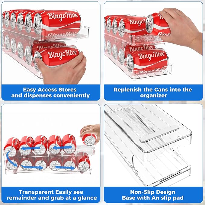 2 Pack Rolling Soda Can Dispenser for Refrigerator Soda Can Organizer for Beer Soda Refrigerator Pop Can Organizer for Fridge 12 Standard Size 11.15oz, 12oz, 330ML, 355ML Cans Holder Storage