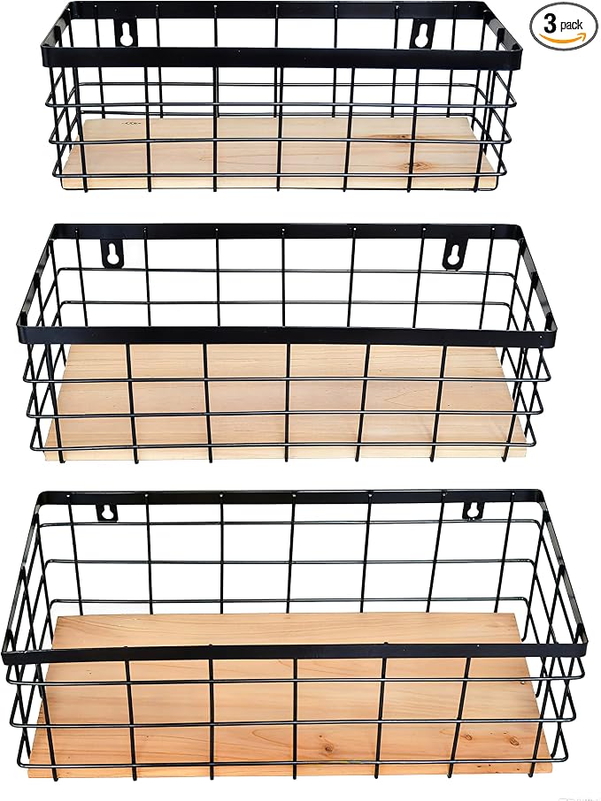 ShabbyDecor Metal Wire Basket for Kitchen Cabinets,Pantry,Bathroom,Set of 3 | Metal Storage Organizer with detachable Wood Base, Farmhouse Hanging Basket
