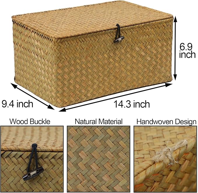 Wicker Basket with Lid, Natural Seagrass Storage Baskets for Organizing, Woven Basket for Storage, Decorative Boxes Bins with Lids Home Organizer Decor (Natural, 14.3" x 9.4" x 6.9")
