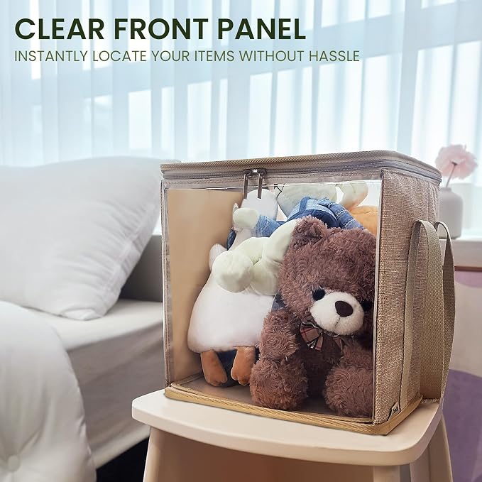 holay 2 Pack Foldable PVC Storage Bins with Transparent Lid & Handles, Large 12-Inch Cube Organizer Boxes for Clothes, Toys & Books (Brown, Large)