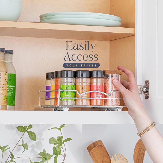 Pull Out Cabinet Organizer for Spices, Cans 8-3/8"W x 10-3/8"D x 2-1/8"H | Heavy Duty with Lifetime Limited Warranty, Pull Out Spice Rack, Cabinet Pull Out Shelf for Cans, Dishes, Etc, Easy to Reach