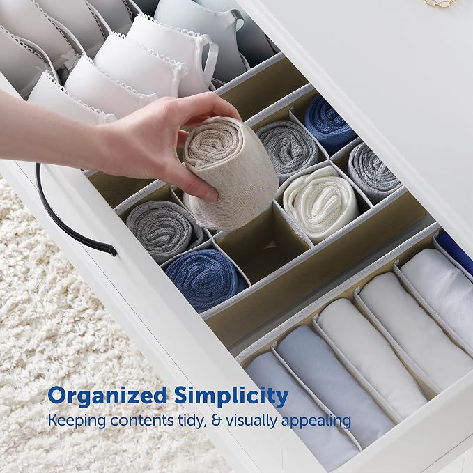 RUBOXA Classic Beige Fabric Drawer Organizer (4 Sizes With 45 Slots) - Foldable Underwear Drawer Organizer - Breathable Bins for Bra, Lingerie, Socks, Scarves, Belt, Tie, Baby Clothes