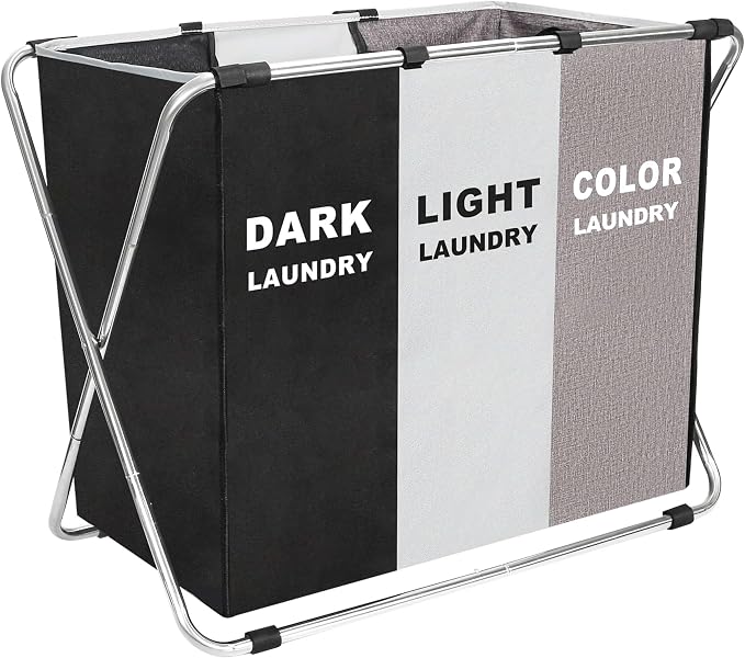 150L Laundry Cloth Hamper Sorter Basket Bin Foldable 3 Sections with stainless steel Frame Washing Storage Dirty Clothes Bag for Bathroom Bedroom Home Storage Basket (Black+Gray+Coffee)