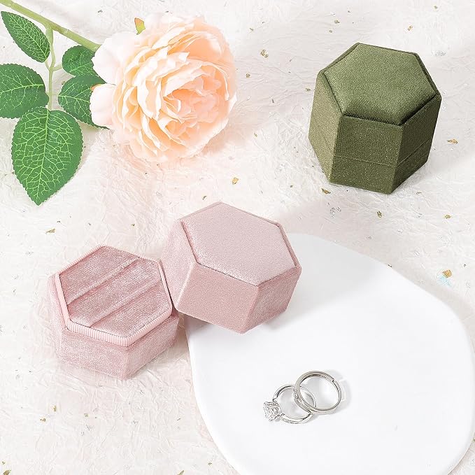 DesignSter Velvet Jewelry Ring Box,2 Slots Jewelry Ring Gift Box Vintage Ring Display Holder with Detachable Lid for Proposal, Engagement, Wedding, Ceremony(Peach pink)