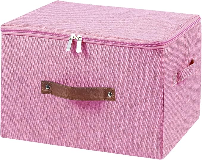 Storage Bins with Zipper Lid Foldable Fabric Lidded Storage Boxes Baskets Cubes Washable Collapsible PU Leather Handle Cotton Linen Shelves Closet Organizer Container(Pink, Large Size)
