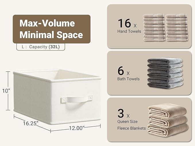 LayerSpace 3 Pack Fabric Storage Bins for Shelves | 16.25x12x10in Closet | Collapsible Bins for Organization | Linen Clothes Storage Bins | White & Ivory