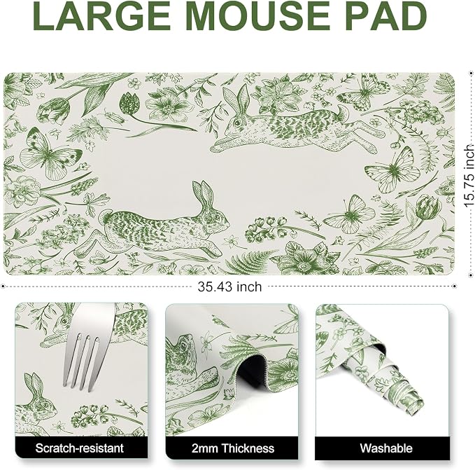 L-SPOUTTO Green Floral Desk Mat for Keyboard and Mouse,XXL Gaming Mouse Pad | Large 35.4x15.7in Non-Slip Rubber Base Keyboard Pad Waterproof Desktop Mat for Laptop Computer Work Home Office