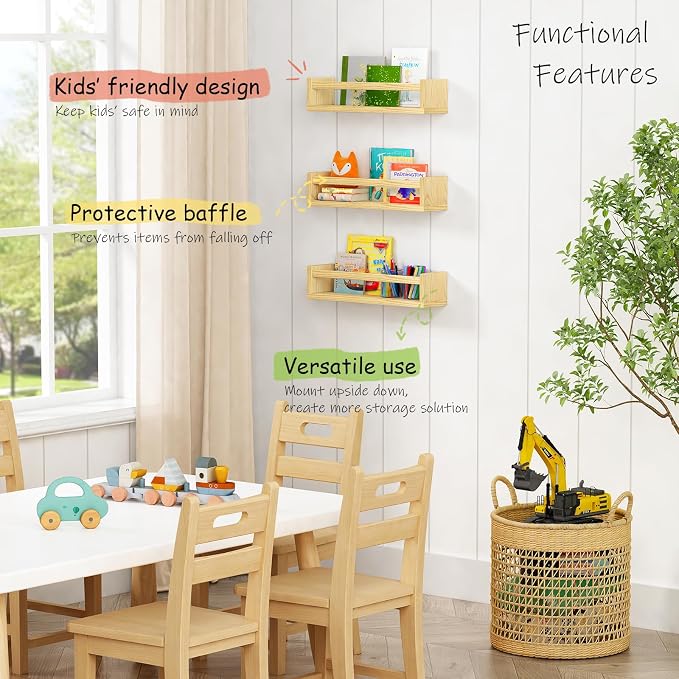 Harwaya Floating Nursery Book Shelves for Wall, Natural Wood Wall Bookshelf for Kids Room Bedroom, Small Wooden Hanging Baby Book Shelf and Toy Organizer for Nursery Girl Boy Toddler Child - Set of 3