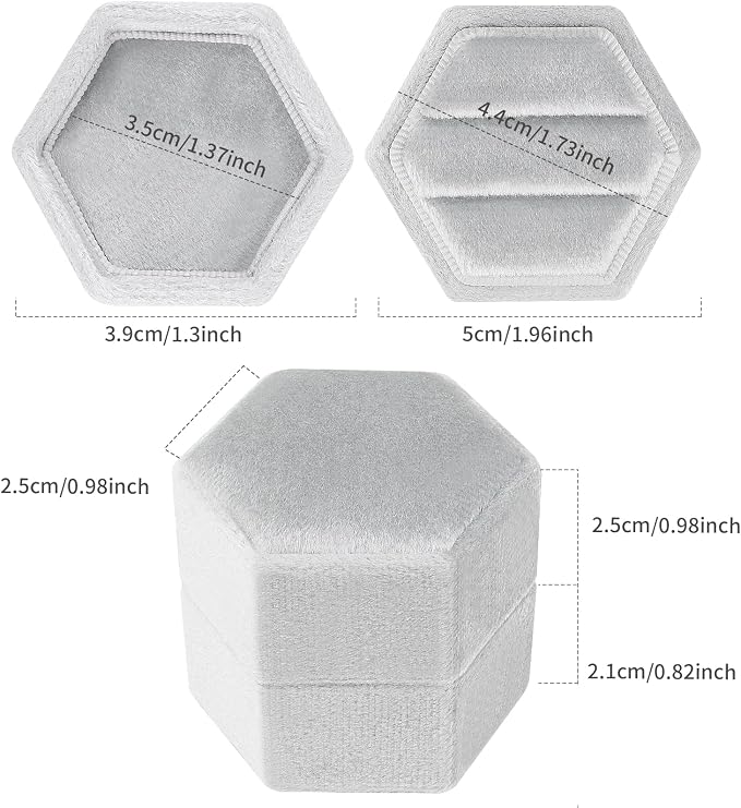 DesignSter Hexagon Velvet Ring Box - Premium Gorgeous Vintage Double Ring Display Holder with Detachable Lid for Proposal, Engagement, Wedding, Ceremony (Silvery Grey)