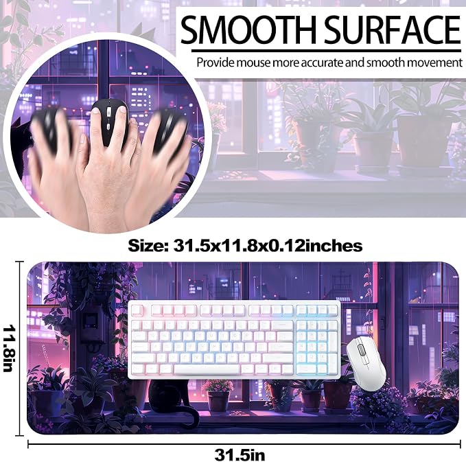 Japanese Anime Cute Cat and Plant Gaming Desk Mat, Computer Keyboard Large Extended Kawaii Animal Mouse Pad for Office and Home, 31.5×11.8 Inches, XL, Purple