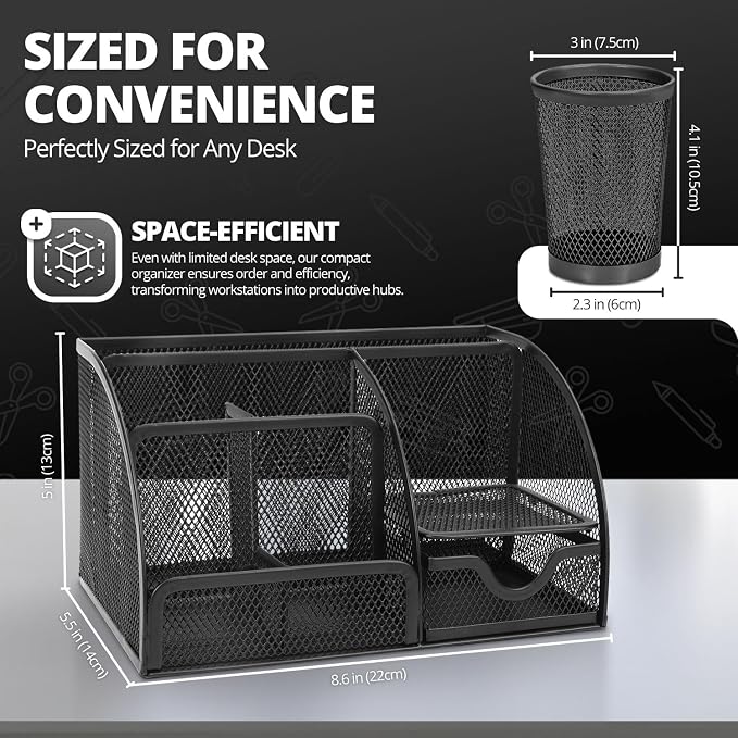 Flexzion Desk Caddy Organizer Set (Black) - Metal Mesh Desktop Caddy with Drawers, 6 Compartments, and Pencil Holder for Women & Men - Desktop Organizer and Storage for Work or Office Supplies | Compact desktop caddy with separate pen holder; 8.7 x 5.5...