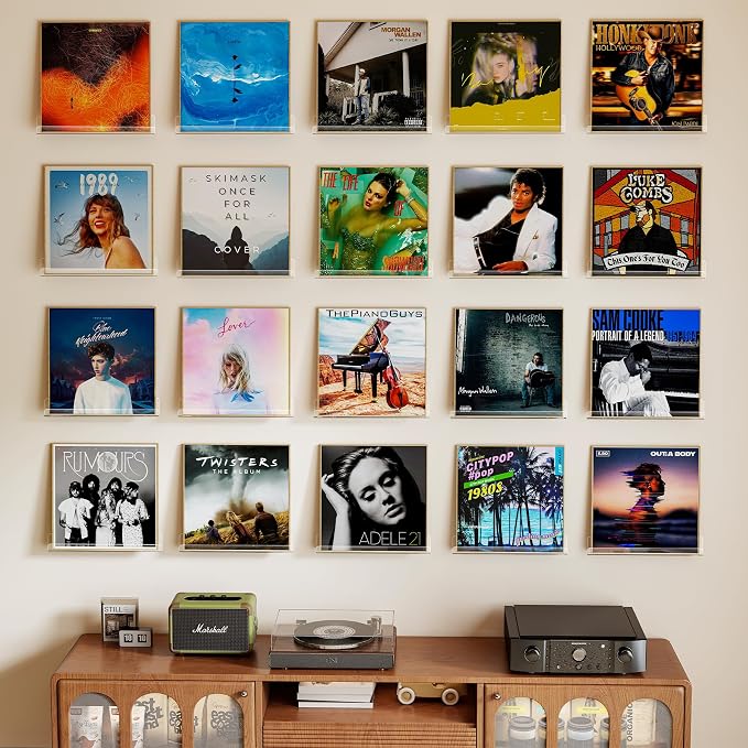 Laurensory Vinyl Record Wall Mount Shelves, 12 inch Vinyl Holder, 20 Pack | Clear Acrylic Floating Shelves for Album Record Storage Display, Wall Decor, Magazine Rack, Kids Bookshelf, Picture Ledge