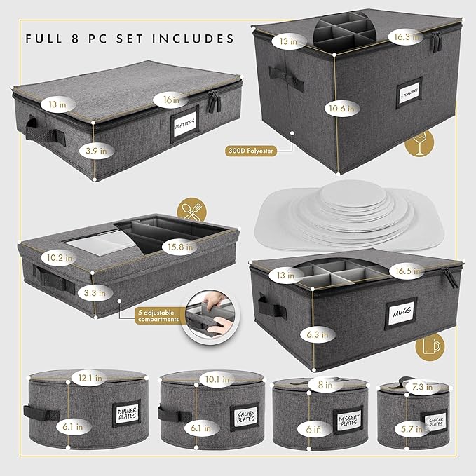 HOMELUX THEORY 5pcs Hard Shell China Storage Containers, Mug Storage Box & Plate Storage Containers, Heavy Duty Dinnerware and Coffee Cup Storage Box with Lid for Packing Dinner Plates and Glassware