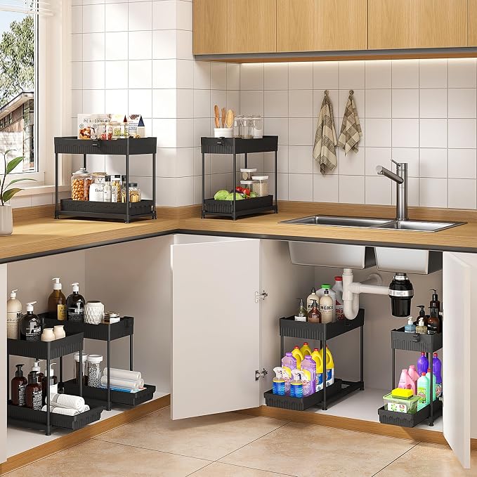 Sevenblue 4-Pack 2-Tier Under Sink Organizer with Pull Out Drawers | Multi-use kitchen & bathroom storage. Includes hanging hooks and cups. Black, space-saving cabinet design.