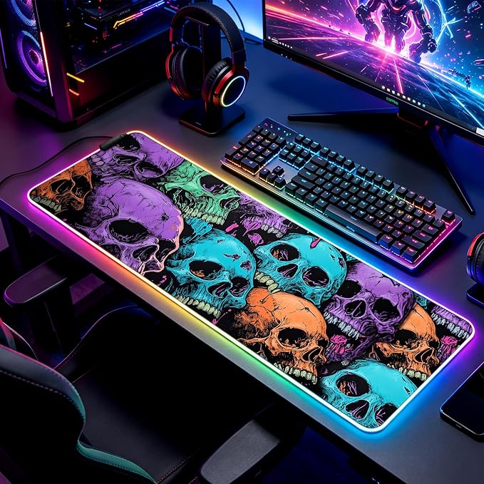 RGB Scary Skull Gaming Desk Mat, Computer Keyboard Large Extended Cool Multi-Color Skull LED Mouse Pad for Office and Home, 31.5×11.8 Inches, XL