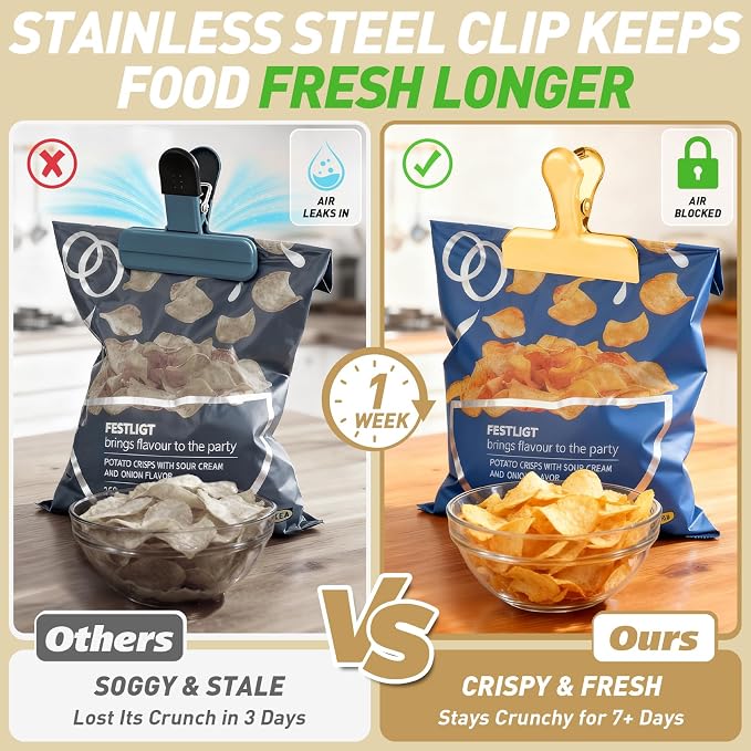 Funfery Chip Clips Bag Clips Gold Stainless Steel Clip for Food Storage,Air Tight Seal Chip Bag Clip 3 Inch Strong Food Clipp for Snack,Chips,Kitchen Decor,Home&Office Paper Heavy Duty-8 Pack