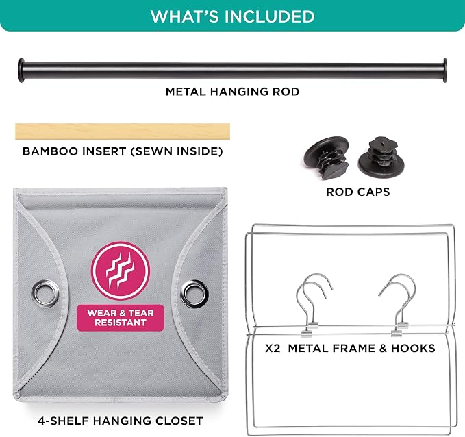HOLDN’ STORAGE Hanging Closet Organizer with Garment Rod, 4-Shelf | Heavy Duty Hanging Shelves for Clothes, Sweaters & Shoes, 600D Fabric Storage Unit with Built-in Clothing Rod, Grey