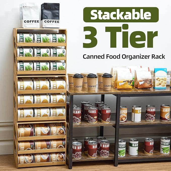 Aminigram Bamboo Rolling Can Organizer for Pantry, 4 Tier Pantry Can Organizers and Storage, Soup Can Organizer for Counter top Kitchen Cabinet