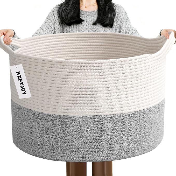 115L Extra Large Woven Cotton Rope Blanket Basket with Handles, Laundry Hamper Storage Bin for Pillows, Comforters,Clothes, Bedroom and Living Room Organization,White&Grey