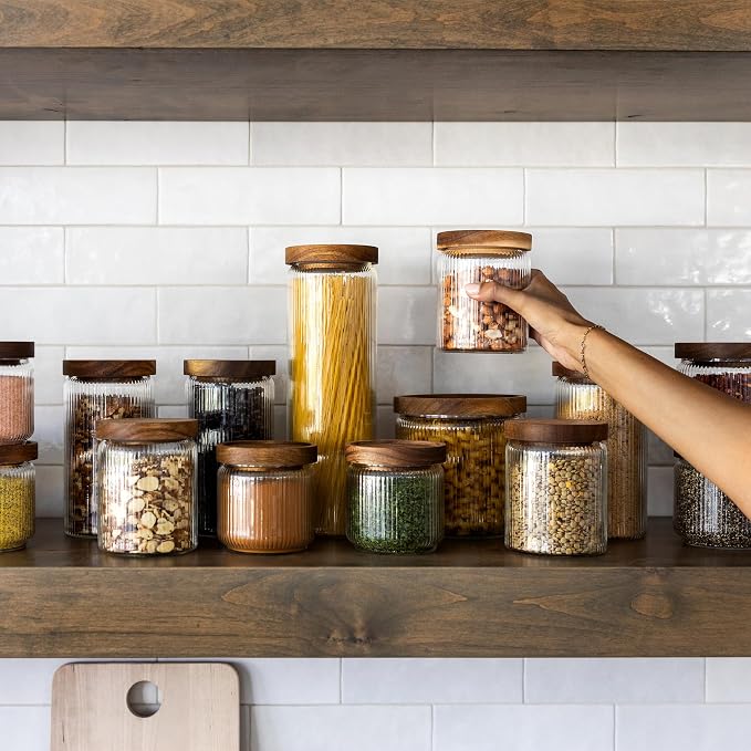 Mason & Fable Ribbed Glass Canisters or Spaghetti Jars with Airtight Wood Lid- Tall Storage Containers for Pasta, Cereal or Flour -Ideal for Kitchen/Pantry Organization - 60 fl.oz, Set of 2