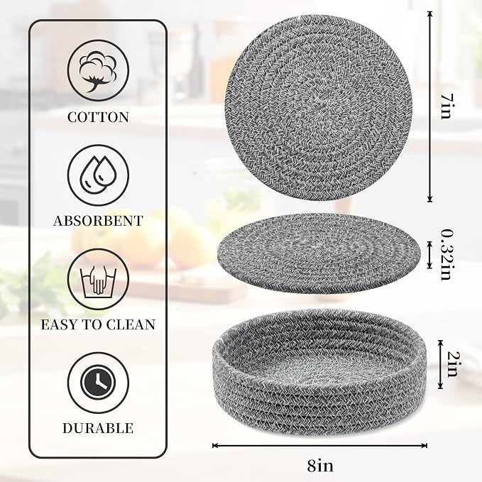 Trivets for Hot Dishes, Pots and Pans, Heat Resistant Hot Pads with Storage Basket, Pot Holders for Kitchen Countertop, Trivet Mats Home Essentials Farmhouse Decor (Grey 4 Pcs)