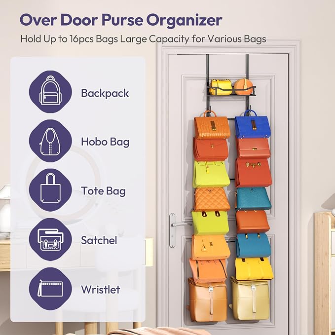 SWTYMIKI Over The Door Purse Organizer - Wall Mounted Purse Rack with 16 Hooks and Metal Basket, Handbag Hanger Organizer Holds up to 16 Bags, Bag Rack Can Use As 1/2 Part, for Door, Closet
