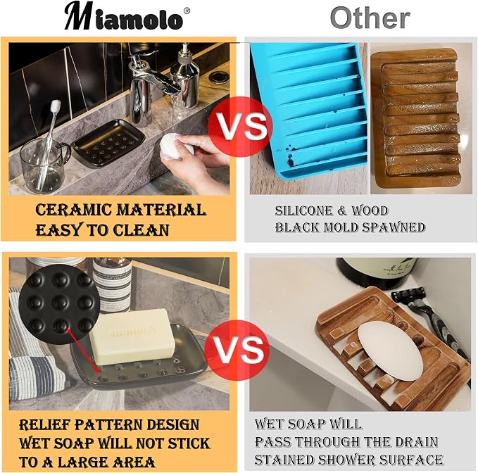 Miamolo Soap Dish, Ceramic Soap Holder Shower Soap Dish for Bar Soap Sponge, Soap Saver Tray for Bathroom Kitchen Sink, Black (Pack of 2)