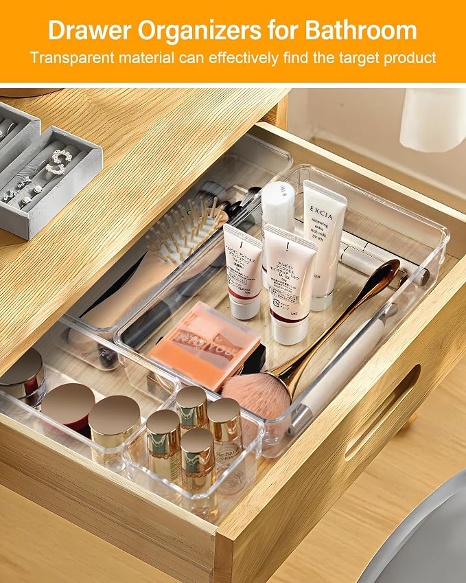 15 PCS Clear Plastic Drawer Organizers and Dividers, 4 Sizes Stackable Drawer Storage Bins and Organizer Trays for Bathroom, Kitchen, Office, Makeup, Vanity, Utensils, and Crafts