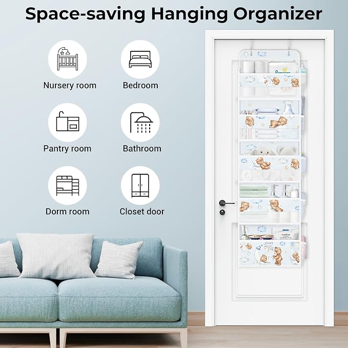 Clastyle Slepping Bear Over The Door Organizer Star Nursery Hanging Storage Organizer for Kids Clothes Diaper Toy Closet Door Hanging Shelf Storage for Bedroom Bathroom Pantry, Blue Balloon