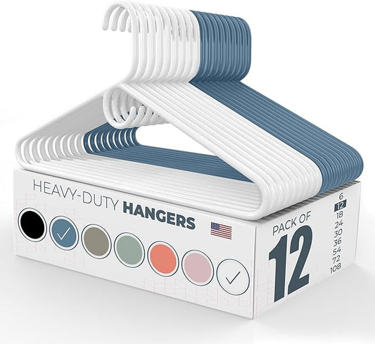 Heavy Duty Clothes Hangers 12 Pack – Made in the USA – 8lb Capacity Plastic Hangers for Adult Clothing – Durable for Pants, Coats, Jackets, or Jeans – White & Blue