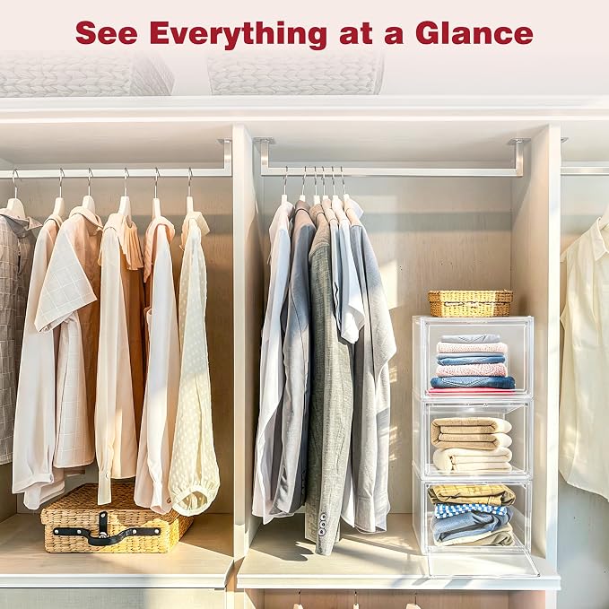 1 Pack Clear Shoe Storage Boxes Stackable, Large Sneaker Organizer with Acrylic Magnetic Door, Plastic Drop Front Shoe Containers for Men up to Size 12.5, Transparent Shoe Organizer for Closet