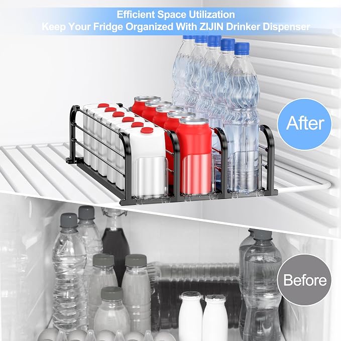 Automatic Fridge Drink Organizer, Refrigerator Soda Can Dispenser & Beverage Pusher Glide for Pantry, Cooler & Kitchen, Self-Pushing Drink Holder for Soda, Beer, Seltzer - Black, 3 Rows-15 D
