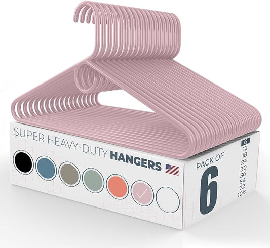 Super Heavy Duty Clothes Hangers 6 Pack – Made in the USA - 10lb Capacity, Thick Plastic Hangers for Pants, Coats, Jackets, Jeans and Adult Clothing – Pink