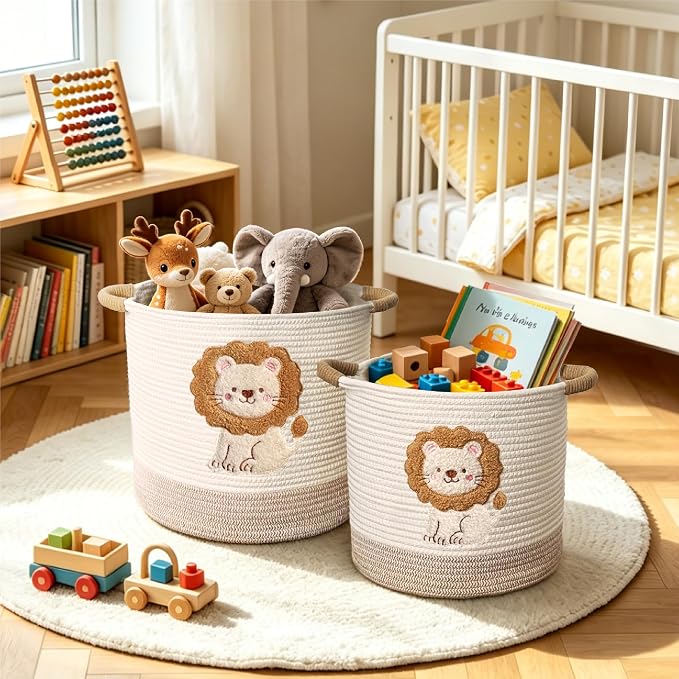 Toy Storage Basket(12"x12"), blanket basket, Cotton Rope Woven Laundry Hamper with Cute Embroidered Dinosaur for Nursery, Living Room, Laundry (Lion)