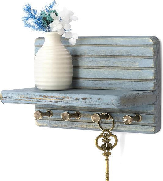 Rebee Vision Pine Wood Key Holder Wall Mount – Decorative 7-inch Key Holder for Wall with Wooden Shelf & Sturdy Hooks – Home Accessories for Mail Organizer (Blue)