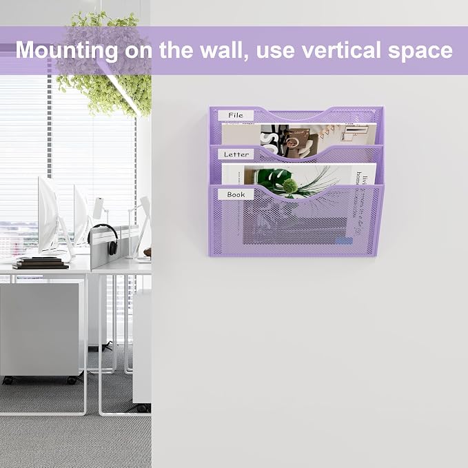 EasyPAG 3 Pocket Mesh Wall File Organizer, Hanging Paper Folder Holder with Classify Label, Vertical Wall Mount Mail Organizer for Office Home Classroom, Purple