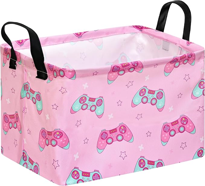 MAIZMZ Girls Storage Basket,Pink Controller Print Kids Hamper,Waterproof Lining, Leather Handles, Collapsible for Gamer Girls, Toys, Clothes, Gift Basket