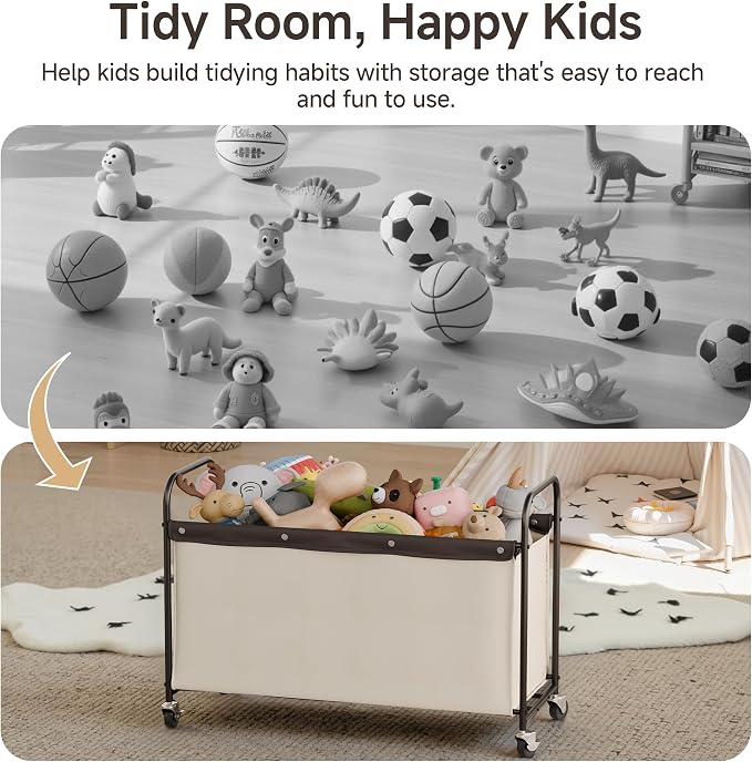 StorageWorks Toy Box with Wheels for Kids, 135L Large Toy Storage Chest and Organizer, 23" Metal Toybox with 360° Swivel Wheels for Bedroom, Kids Room, Stuffed Animal Storage, Beige